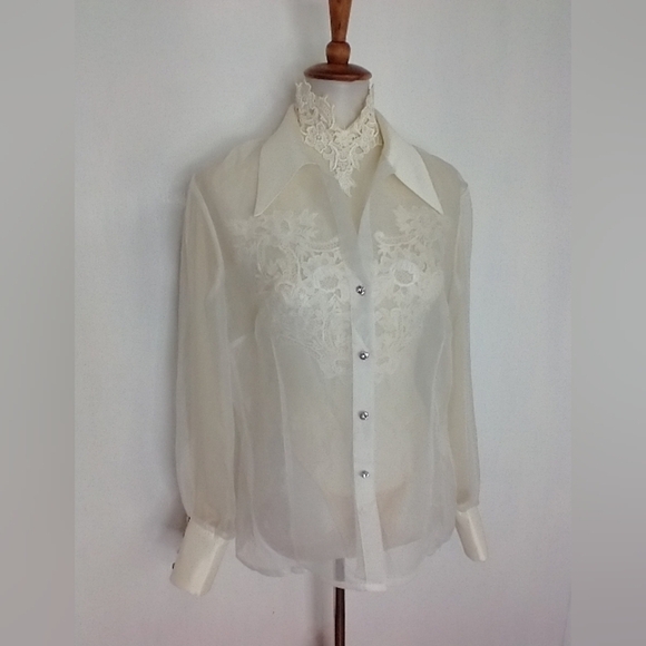 SHEER WHITE BLOUSE WITH RHINESTONE CUFFS - Picture 8 of 11